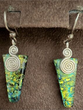 Green Dichroic Glass Spiral Drop Earrings - Unbranded